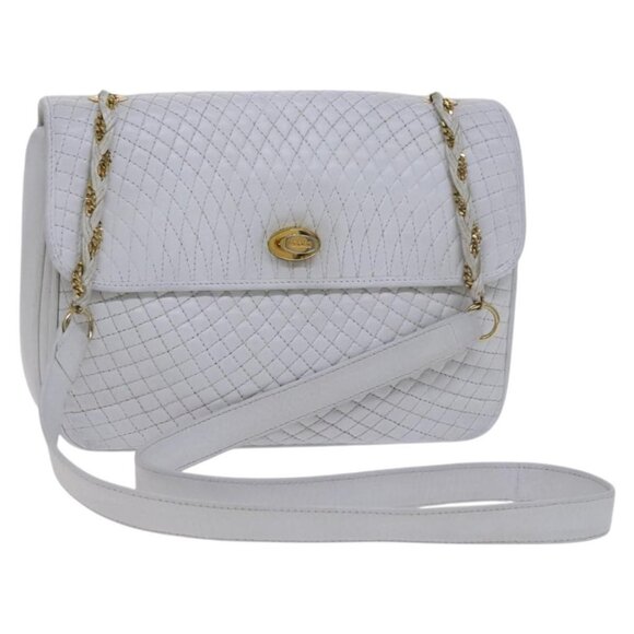 BALLY Chain Shoulder Bag Leather White Gold Auth ti2933 - Picture 1 of 16